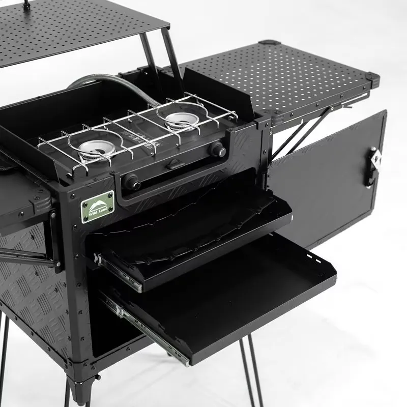 Outdoor Camping Kitchen Setup - デラックスファミリーキャンプキッチンセットアップ デュアルストーブシステム カッティングボード付き 高さ調整可能で快適な屋外調理を実現