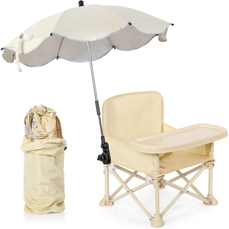 Outdoor Camping Umbrella - ベビー用屋外ビーチチェア、傘付き背もたれポケット、シートベルト、折りたたみ式幼児用食事椅子、ダイニングテーブル、キャンプ、食事用