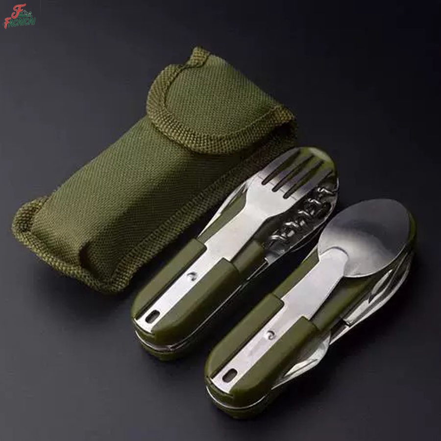 Outdoor Camping Essential Gear - キャンプ用品 5-in-1 ステンレス製トラベルセット、多機能折りたたみ式アウトドア食器