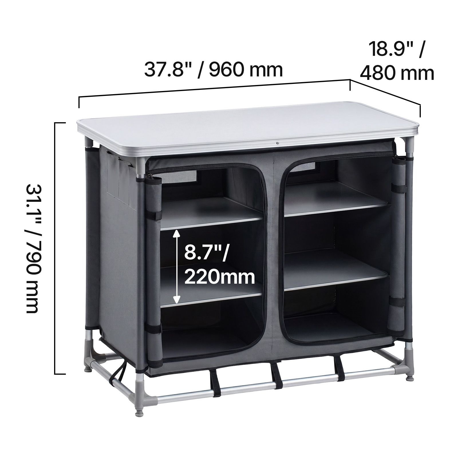 Outdoor Camping Kitchen Setup - キャンプ用収納キャビネット、屋外用ポータブルアルミ製軽量テーブル、クイックセットアップコンパクトキッチン調理台、6段の棚とキャリーバッグ付き、ピクニック、バーベキュー、パーティー、キャンプ、RV旅行に最適