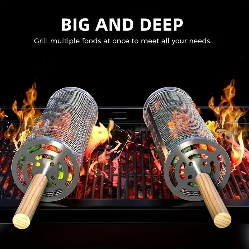 食品グレードのステンレス製丸型回転BBQグリルバスケットセッ - Cooking Outdoor Camping のレビューと価格
