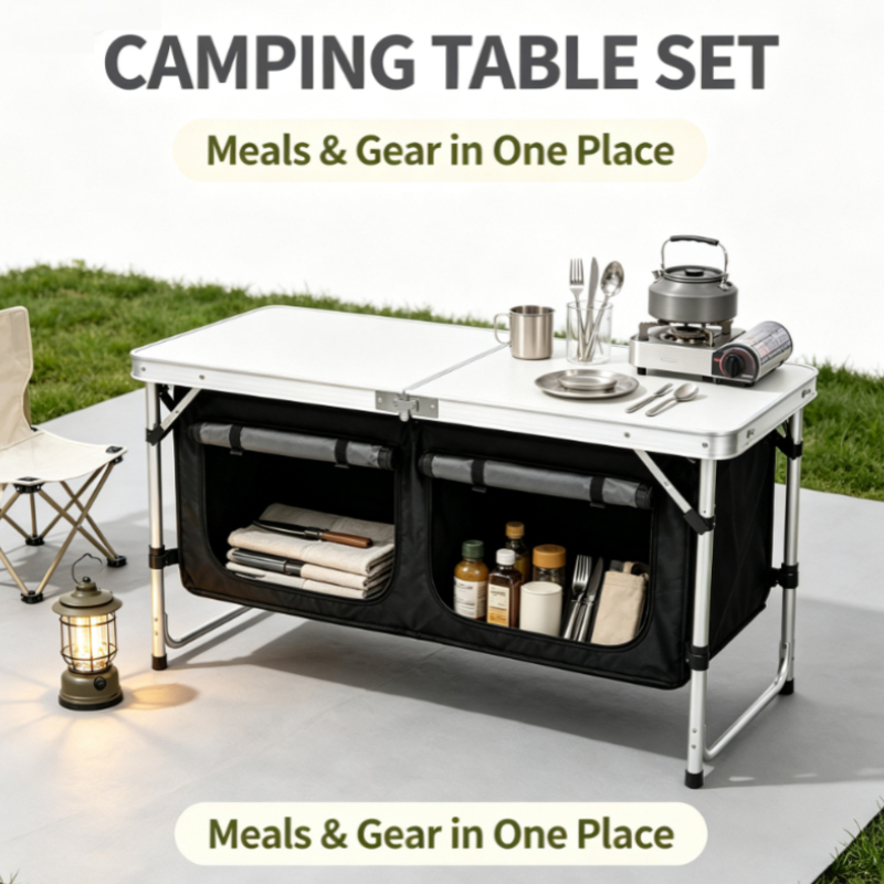 シルバーアルミ製折りたたみ式キャンプテーブル、二つの収納コン - Outdoor Camping Kitchen Setup のレビューと価格